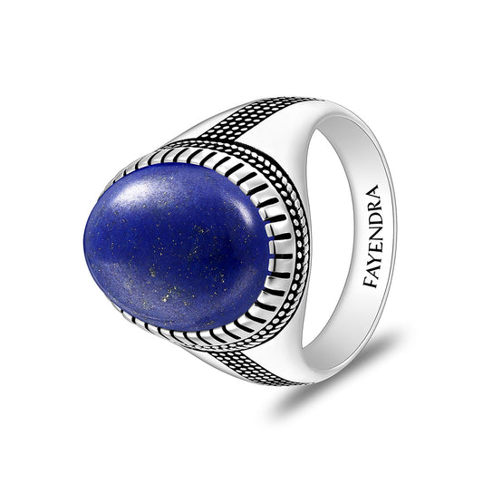 خاتم رجالي من الفضة الخالصة عيار925 مطلي روديوم و اسود مرصع حجر لابيس كابشون