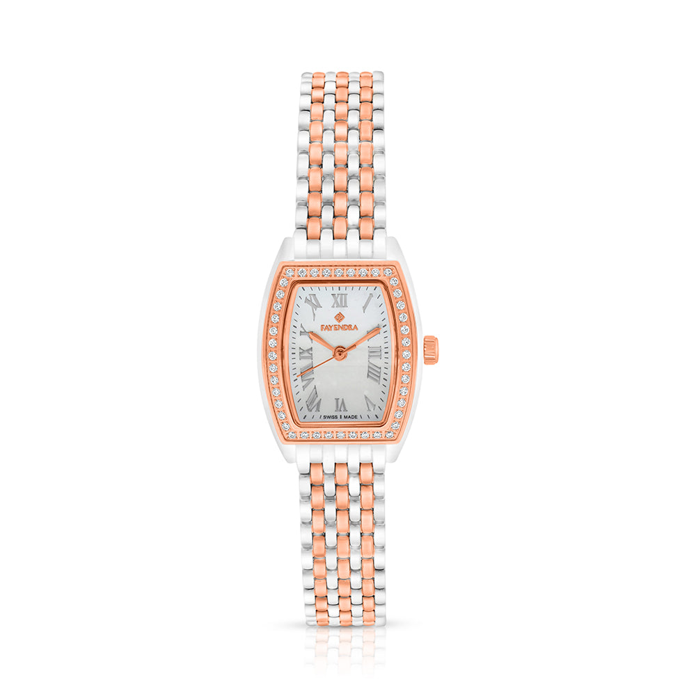 ساعة ستانلس ستيل عيار 316L بلون فضي و ذهبي روز و فص ابيض - مينا ام اللألئ الابيض
