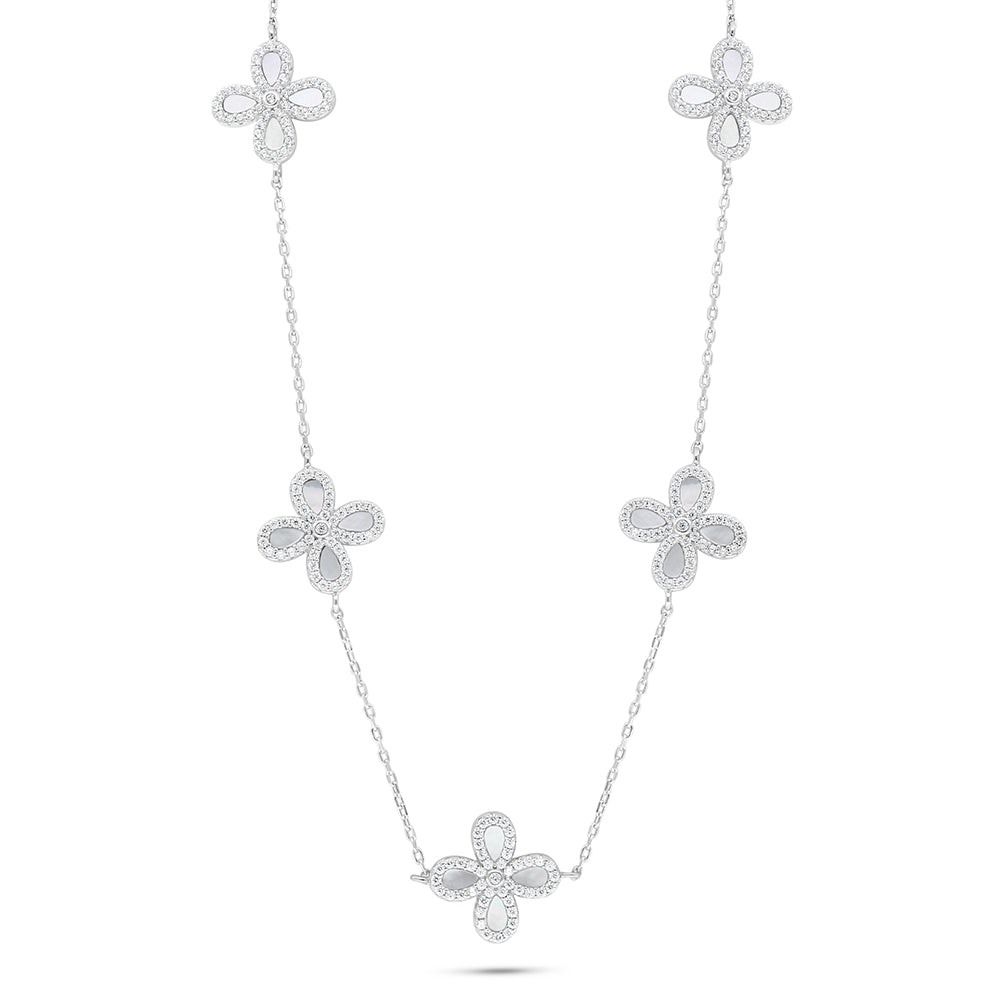 Sterling Silver 925 Necklace Rhodium Plated Embedded With white Shell And White Zircon