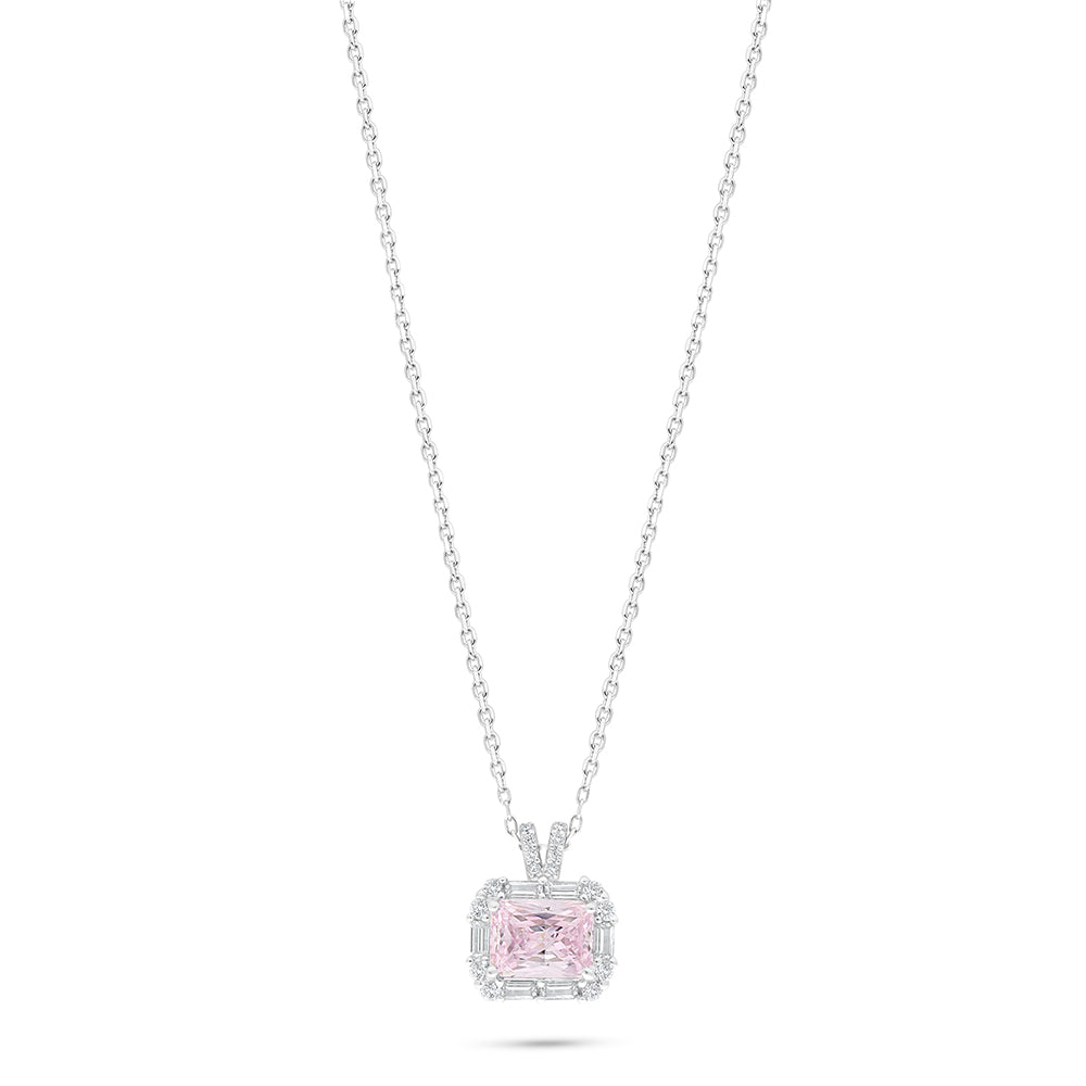 Sterling Silver 925 Necklace Rhodium Plated Embedded With Pink Zircon And White Zircon