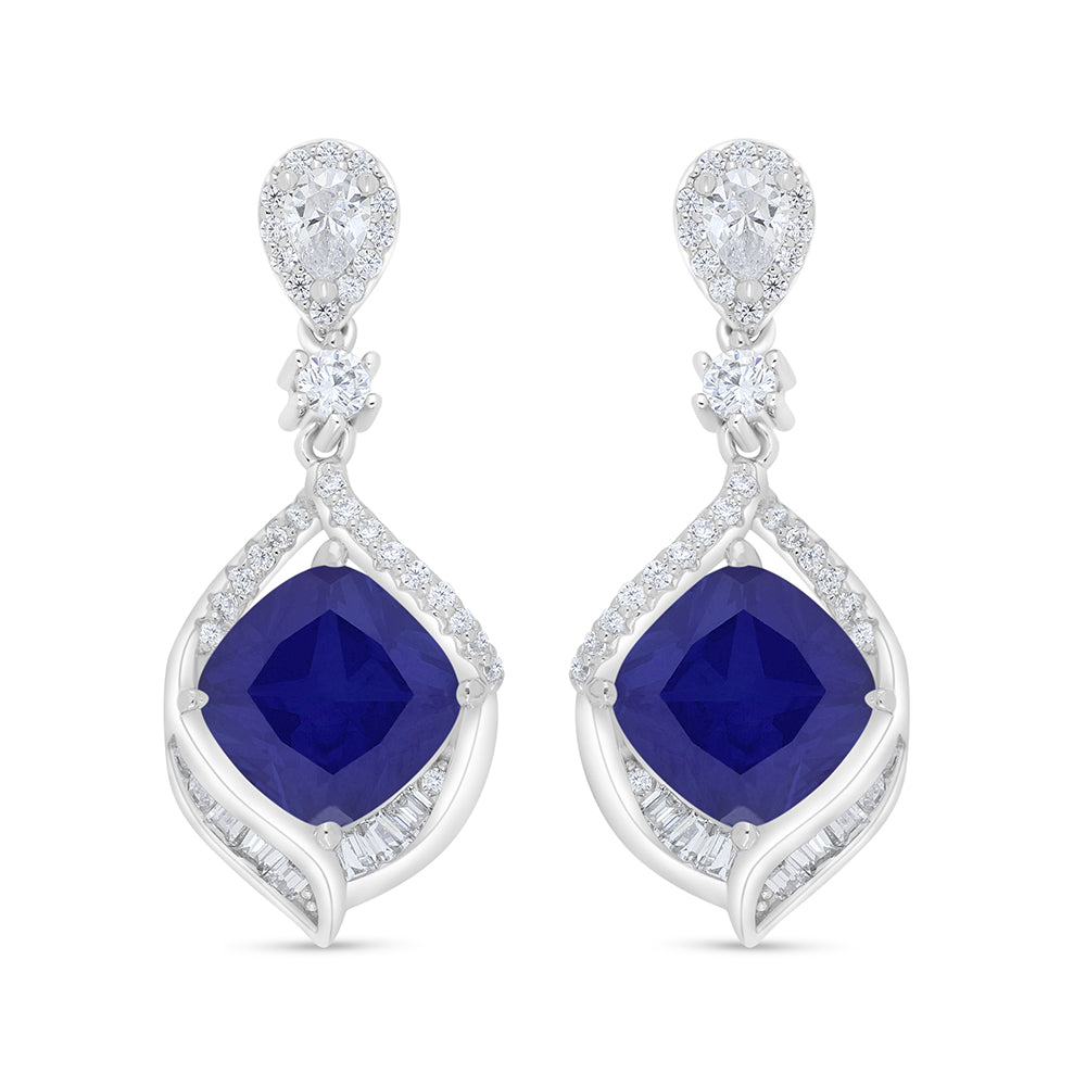 Sterling Silver 925 Earring Rhodium Plated Embedded With Sapphire Corundum And White Zircon