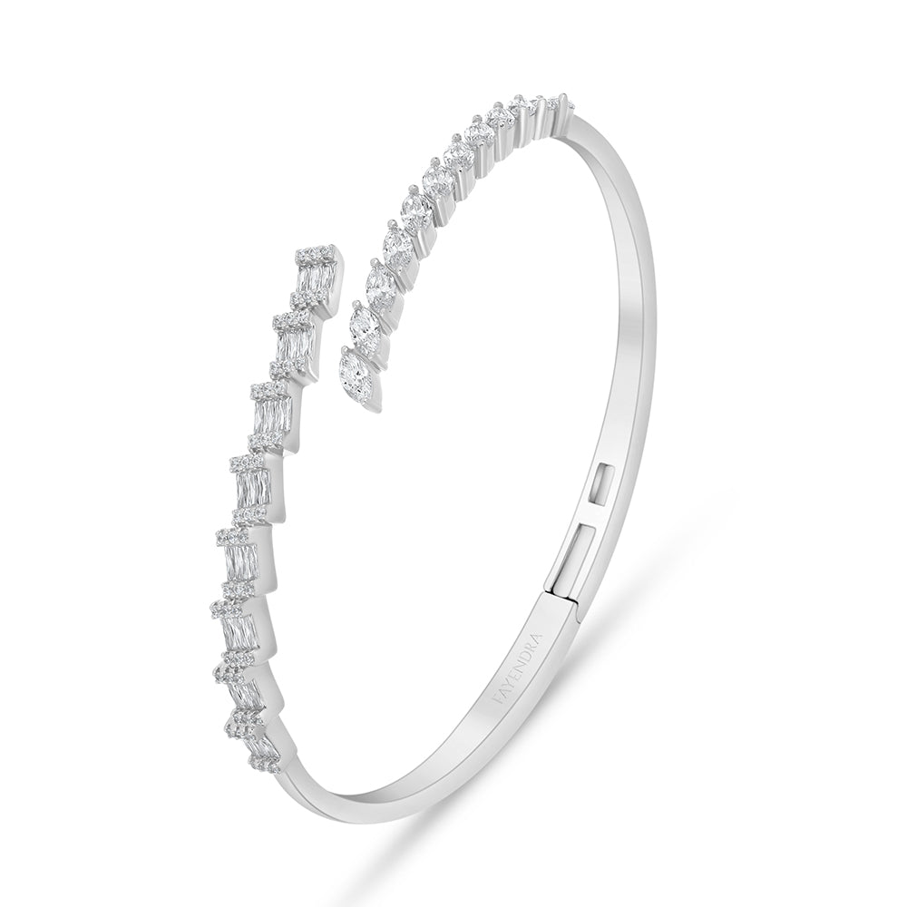 Sterling Silver 925 Bangle Rhodium Plated Embedded With White Zircon ( 52*58 )