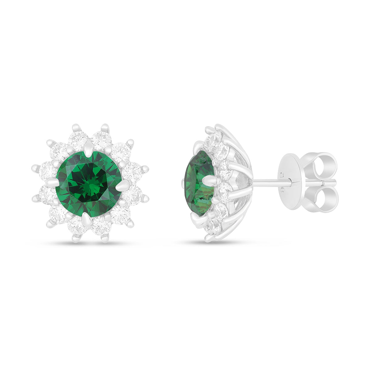 Sterling Silver 925 Earring Rhodium Plated Embedded With Emerald Zircon And White Zircon