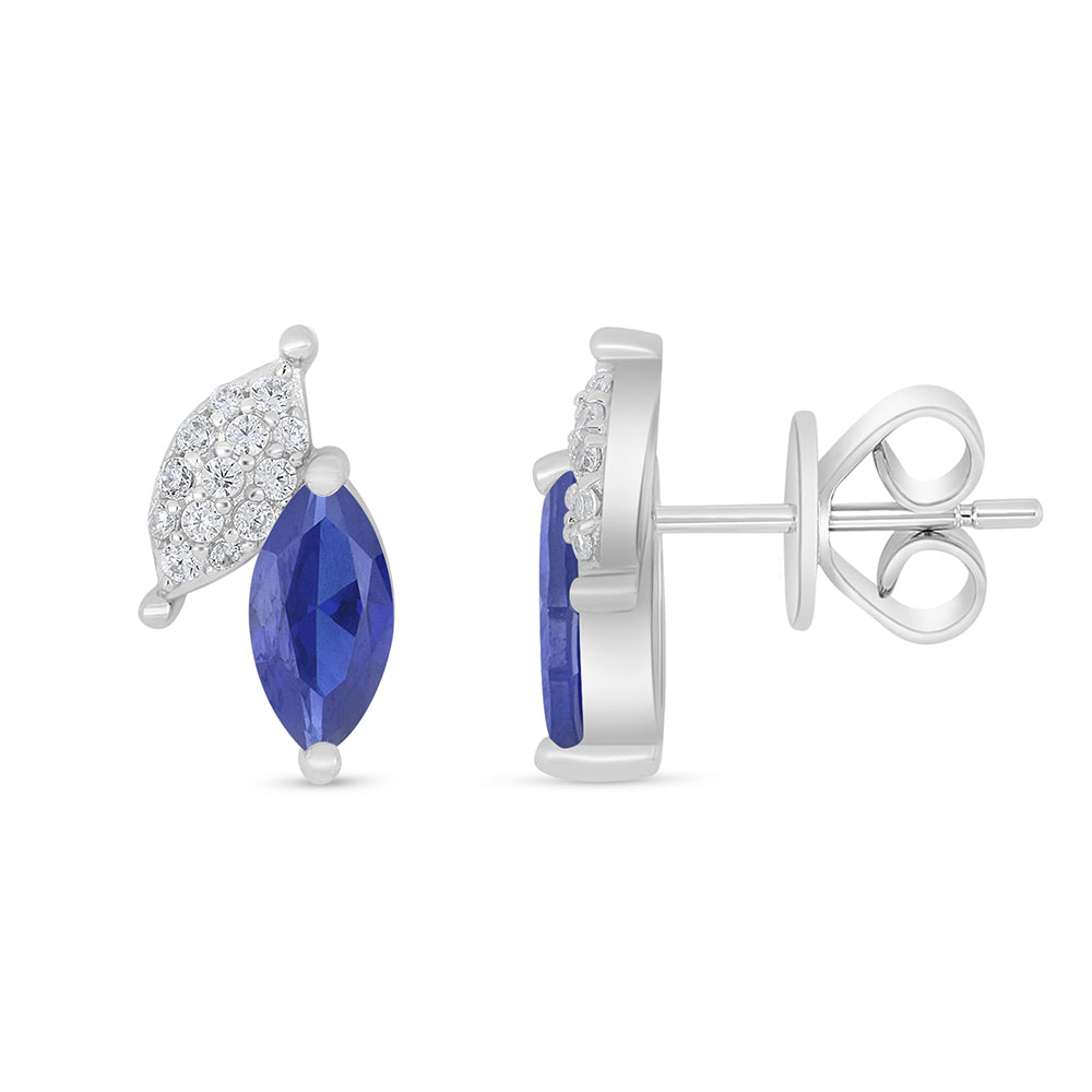 Sterling Silver 925 Earring Rhodium Plated Embedded With Sapphire Corundum And White Zircon