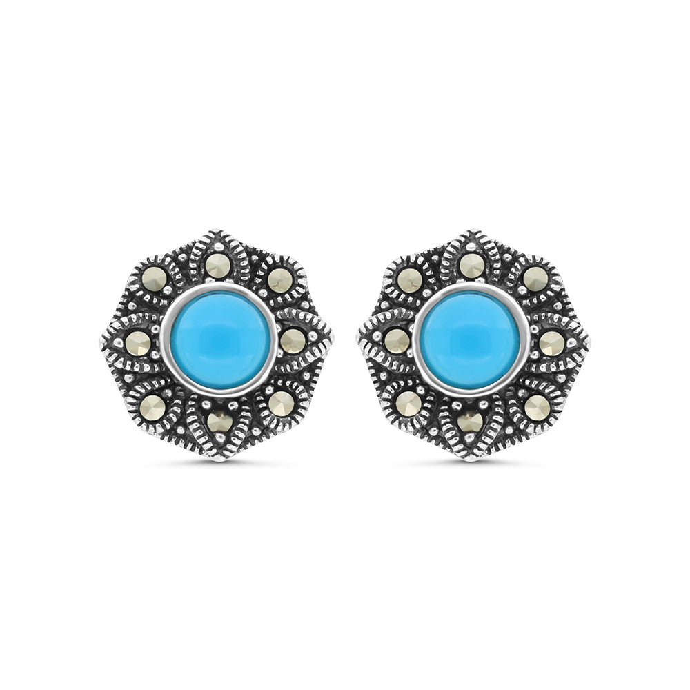 Sterling Silver 925 Earring Embedded With Natural Processed Turquoise And Marcasite Stones