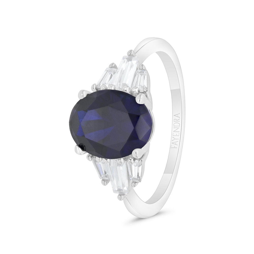 Sterling Silver 925 Ring Rhodium Plated Embedded With Sapphire Corundum And White CZ