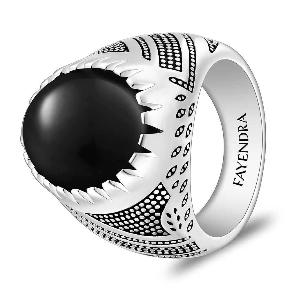 خاتم رجالي من الفضة الخالصة عيار 925 مطلي روديوم و اسود مرصع احجار عقيق اسود طبيعي كابشون