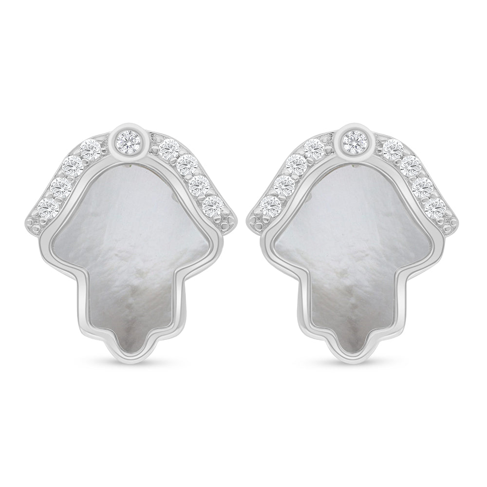 Sterling Silver 925 Earring Rhodium Plated Embedded With White Shell And White Zircon