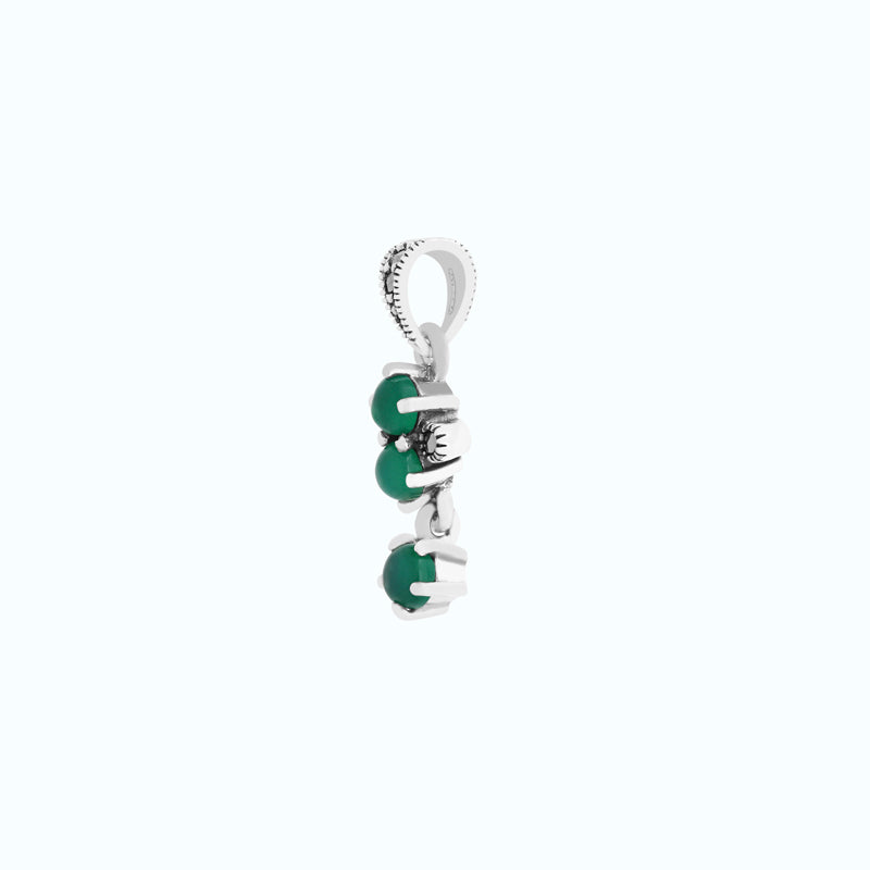 Sterling Silver 925 Pendant Embedded With Natural Green Agate And Marcasite Stones