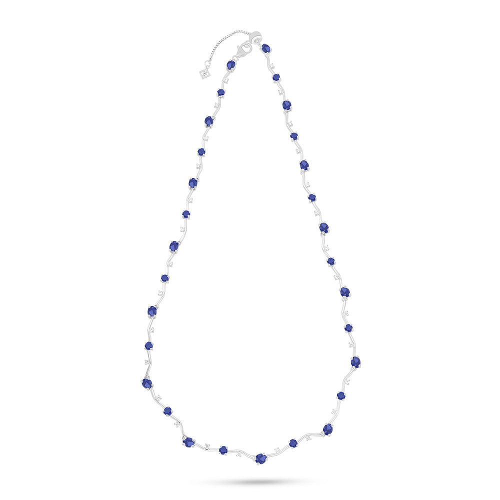 Sterling Silver 925 Necklace Rhodium Plated Embedded With Sapphire Corundum And White Zircon