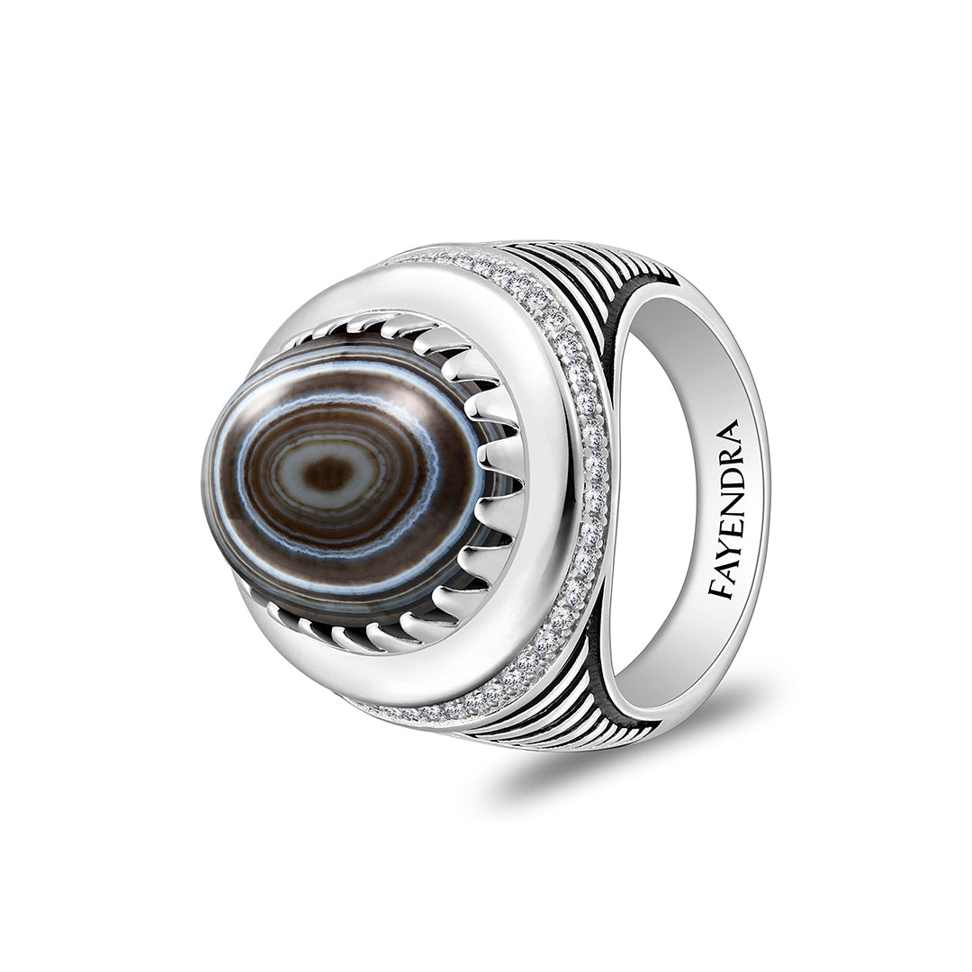 خاتم رجالي من الفضة الخالصة عيار 925 مطلي روديوم و اسود مرصع احجار عقيق سليماني كابشون و فص ابيض