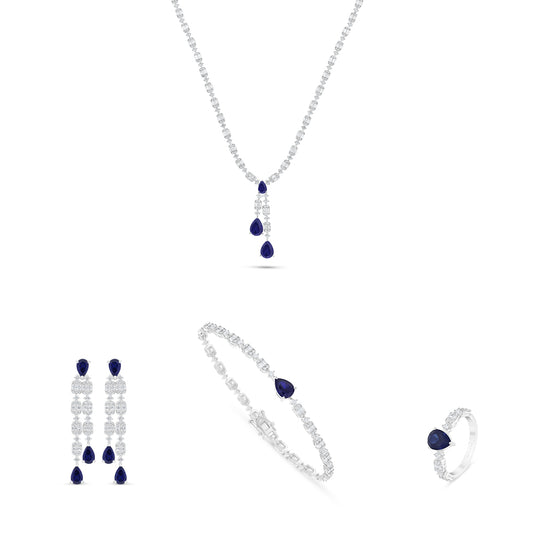 طقم من الفضة الخالصة عيار 925 مطلي روديوم و احجار زفير كروندوم و فص ابيض