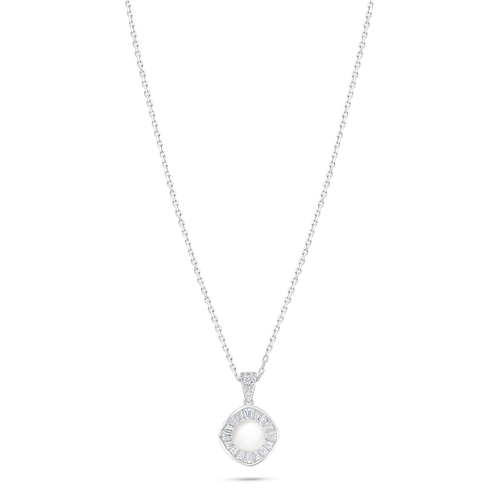 Sterling Silver 925 Necklace Rhodium Plated Embedded With Natural White Pearl And White Zircon