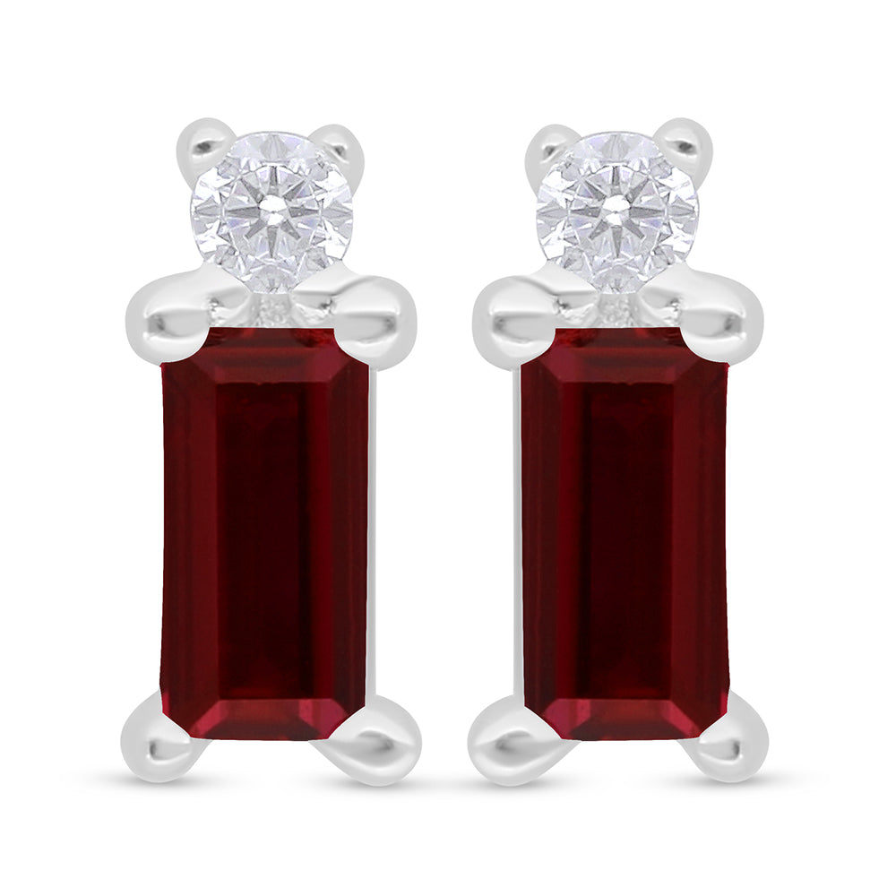 Sterling Silver 925 Earring Rhodium Plated Embedded With Ruby Corundum And White Zircon