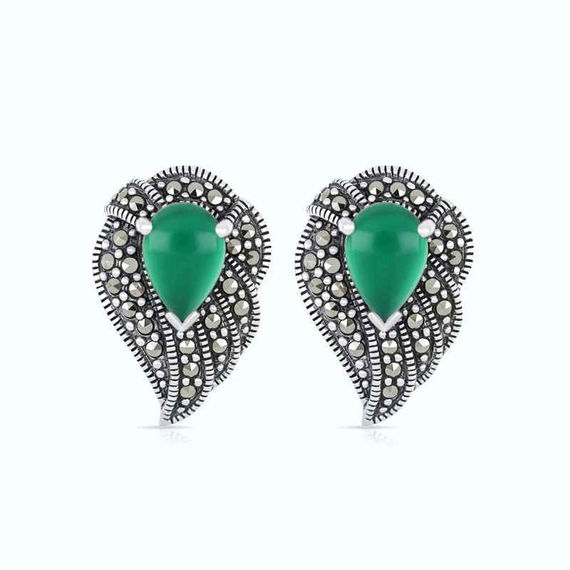 Sterling Silver 925 Earring Embedded With Natural Green Agate And Marcasite Stones