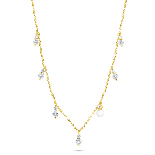 عقد من الفضة الخالصة عيار 925 مطلي ذهبي مرصع لولو ابيض طبيعي و فص ابيض