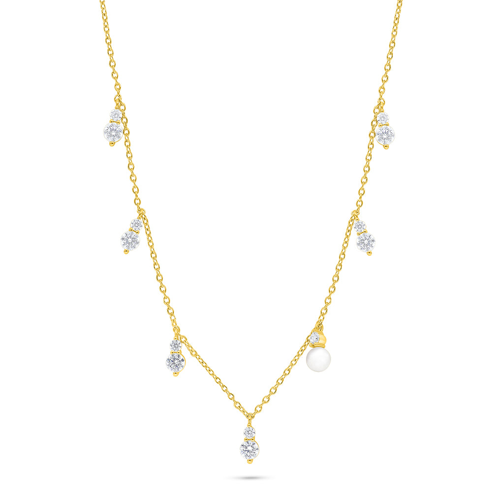 Sterling Silver 925 Necklace Golden Plated Embedded With Natural White Pearl And White Zircon