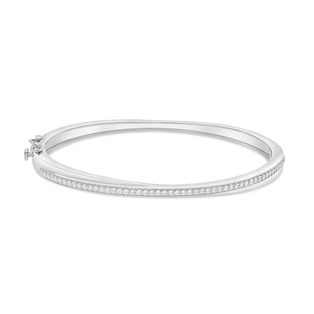 Sterling Silver 925 Bangle Rhodium Plated Embedded With White Zircon