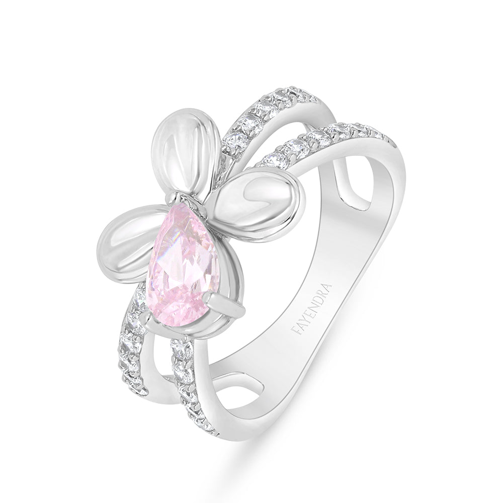 Ring Rhodium Plated Embedded with Zircon featuring a pink tear-drop shape gemstone and elegant design.