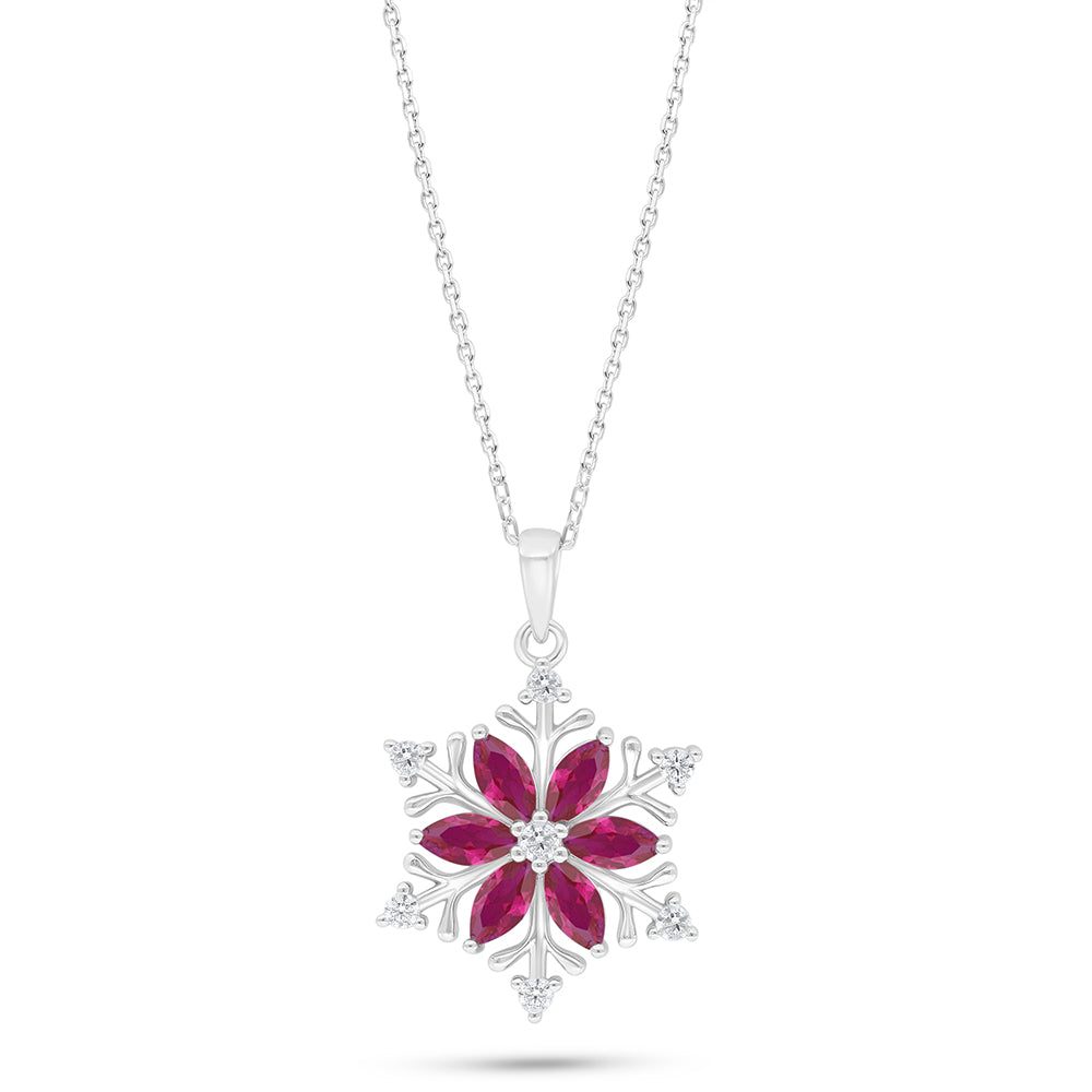 Sterling Silver 925 Necklace Rhodium Plated Embedded With Ruby Corundum And White Zircon