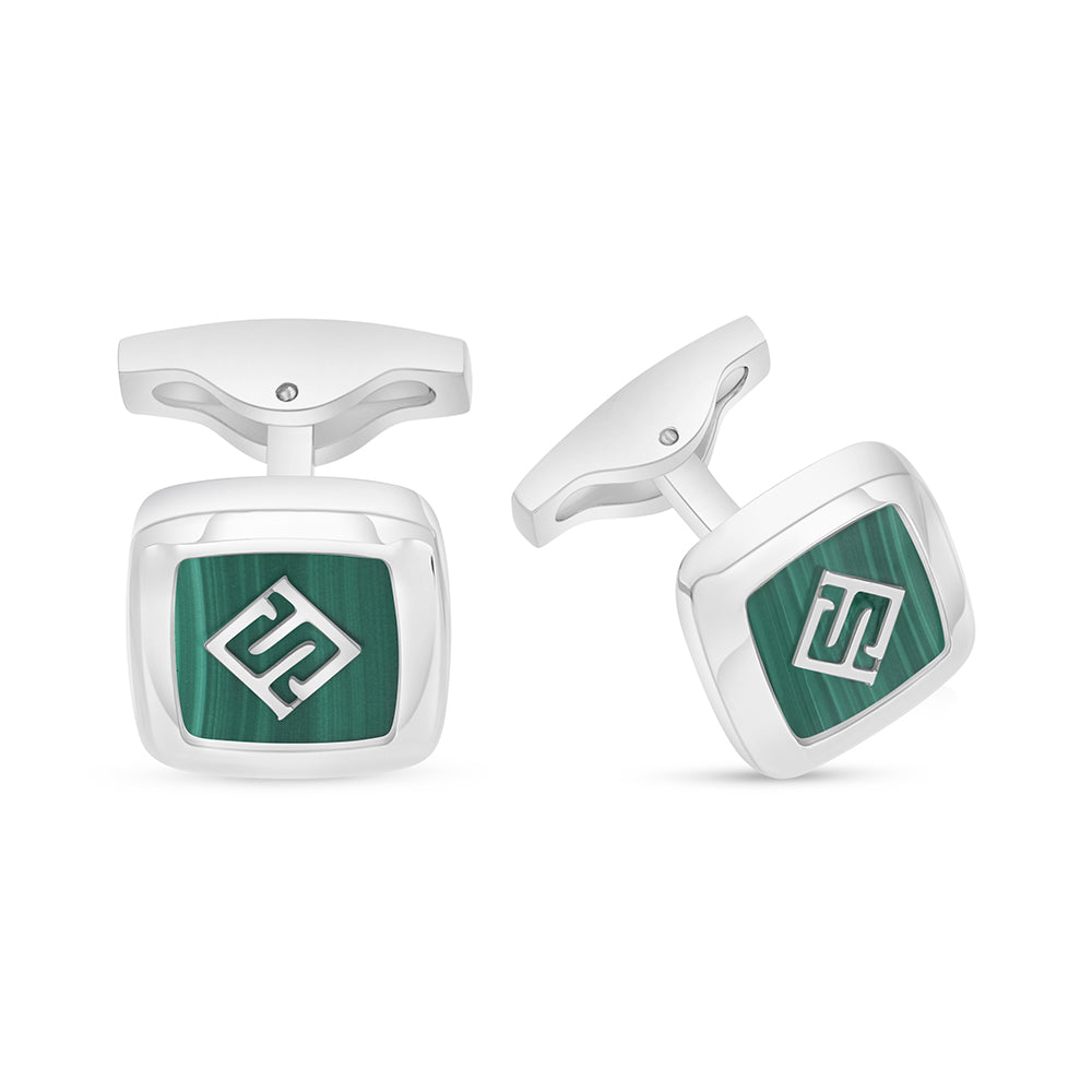 Stainless Steel Cufflink 316L Embedded With Malachite Matt Steel