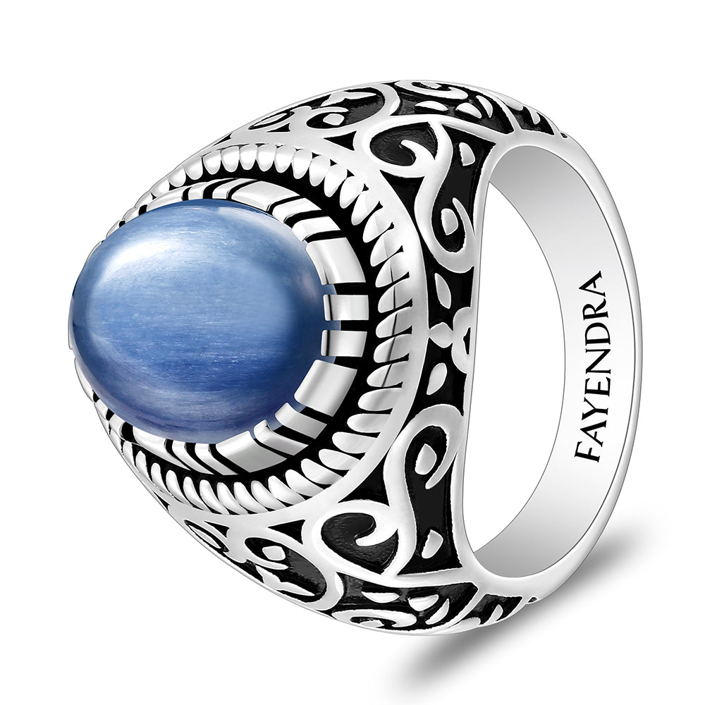 خاتم رجالي من الفضة الخالصة عيار 925 مطلي روديوم و اسود مرصع احجار كيانيت طبيعي كابشون