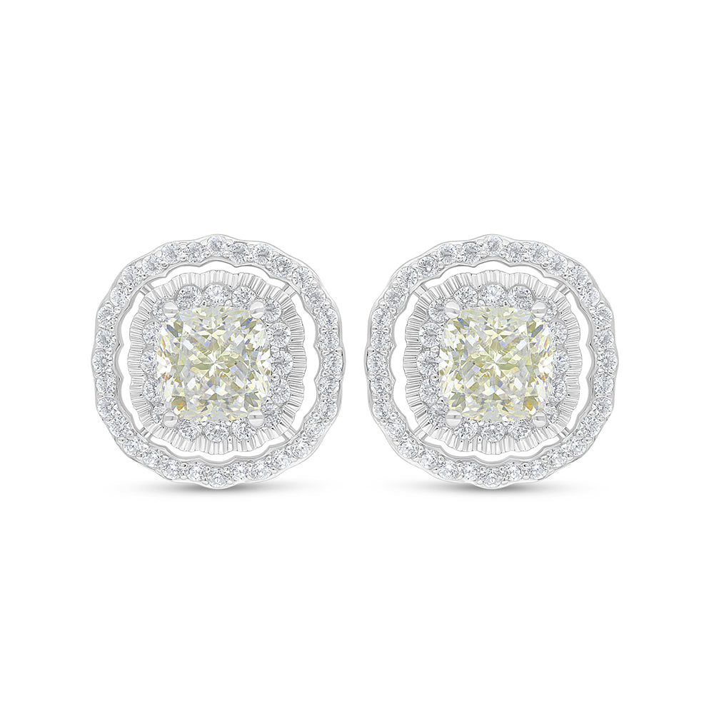 Sterling Silver 925 Earring Rhodium Plated Embedded With Yellow Diamond And White Zircon