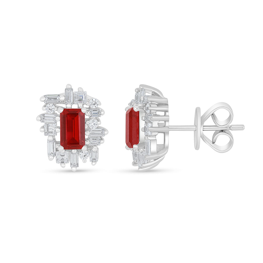 Sterling Silver 925 Earring Rhodium Plated Embedded With Ruby Corundum And White Zircon