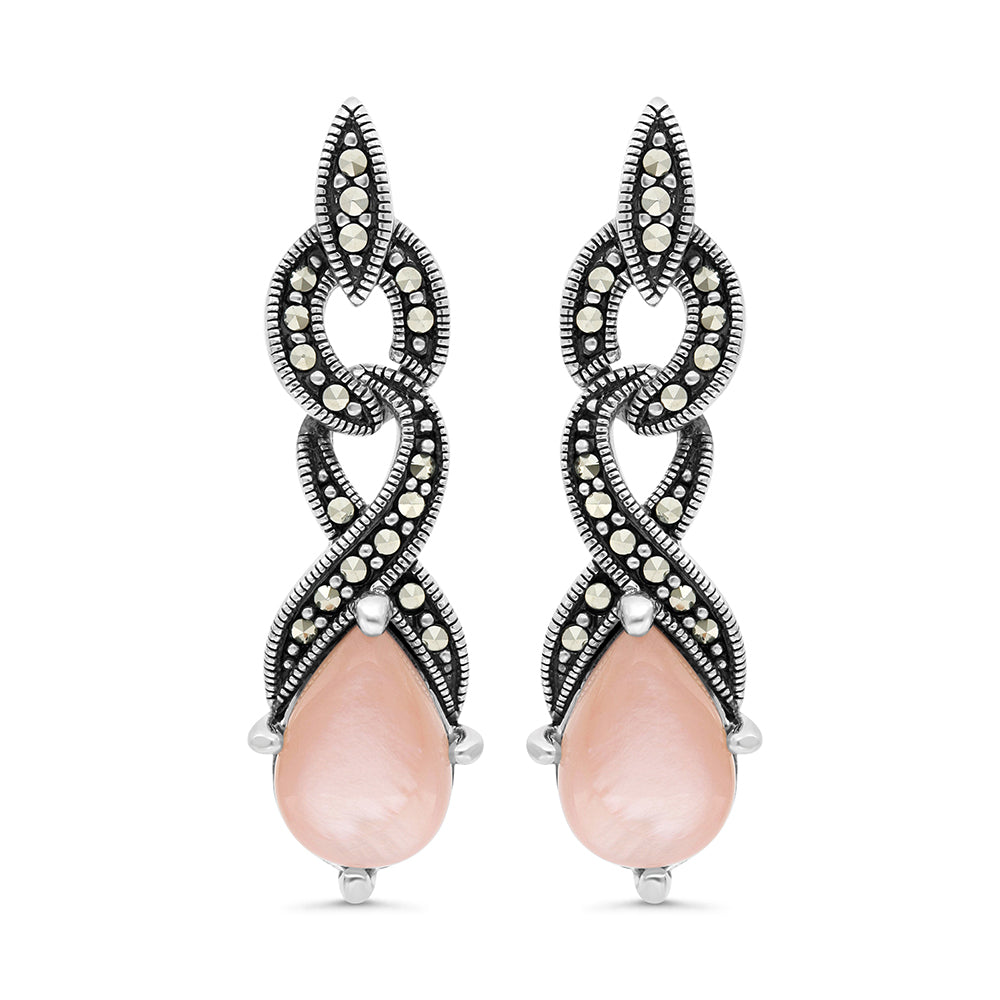 اقراط من الفضة الخالصة عيار 925 مرصعه احجار صدف وردي طبيعي و ماركسايت