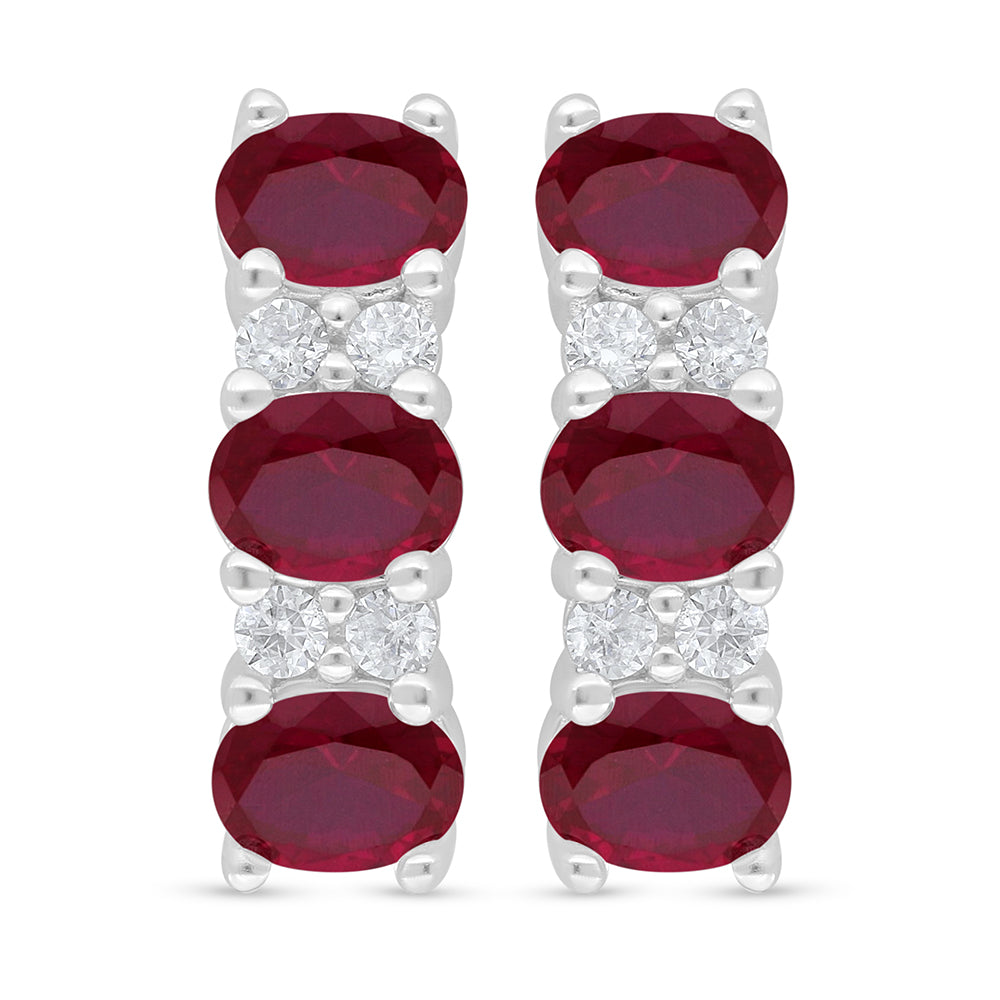 Sterling Silver 925 Earring Rhodium Plated Embedded With Ruby Corundum And White Zircon