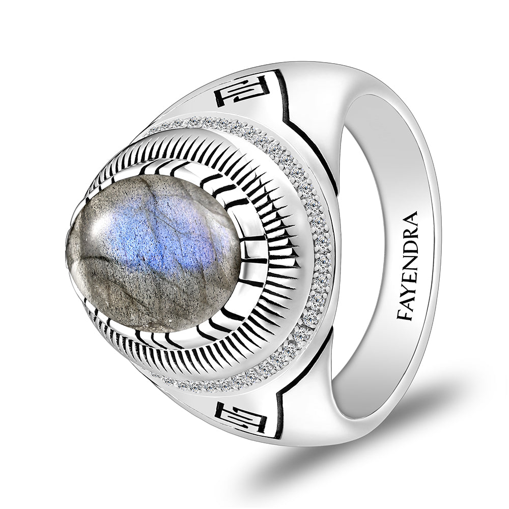 Sterling Silver 925 Ring Rhodium Plated Embedded With Labrodite And White CZ