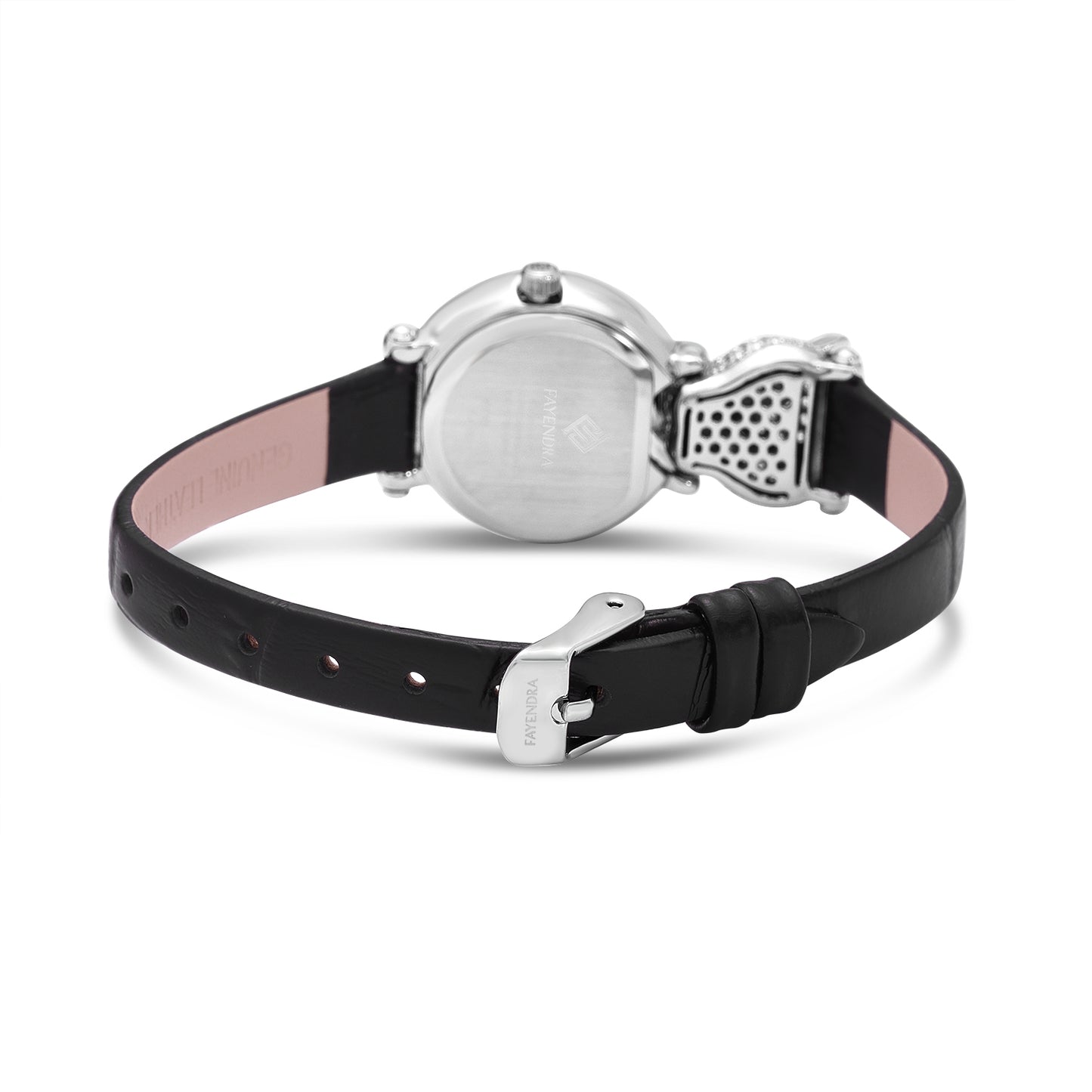 Stainless Steel 316L Watch Silver Color Black Leather Embedded With Emerald Zircon And White Zircon - WHITE MOP DIAL