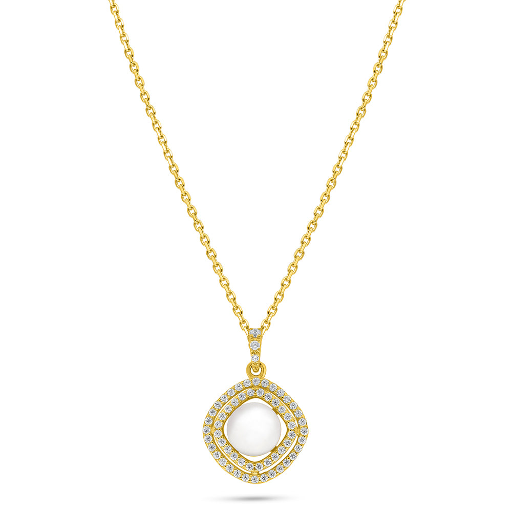 Sterling Silver 925 Necklace Golden Plated Embedded With Natural White Pearl And White Zircon