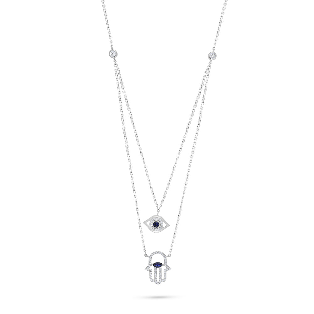 عقد من الفضة الخالصة عيار 925 مطلي روديوم مرصع زفير كروندوم و فص ابيض