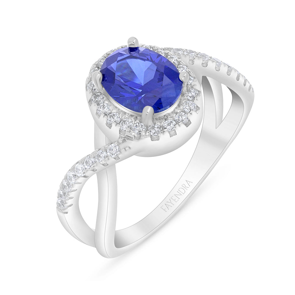 خاتم من الفضة الخالصة عيار 925 مطلي روديوم مرصع زفير كروندوم و فص ابيض