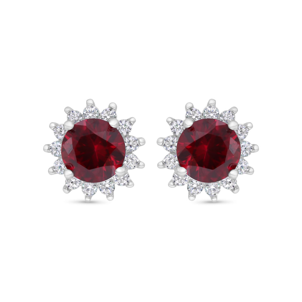 Sterling Silver 925 Earring Rhodium Plated Embedded With Ruby Corundum And White Zircon