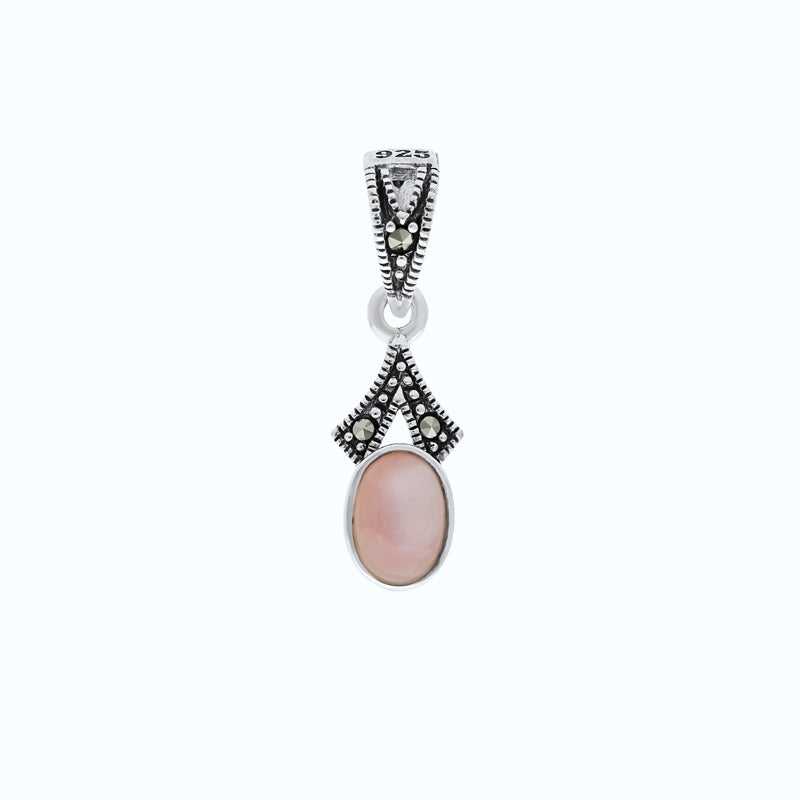 Sterling Silver 925 Pendant Embedded With Natural Pink Shell And Marcasite Stones