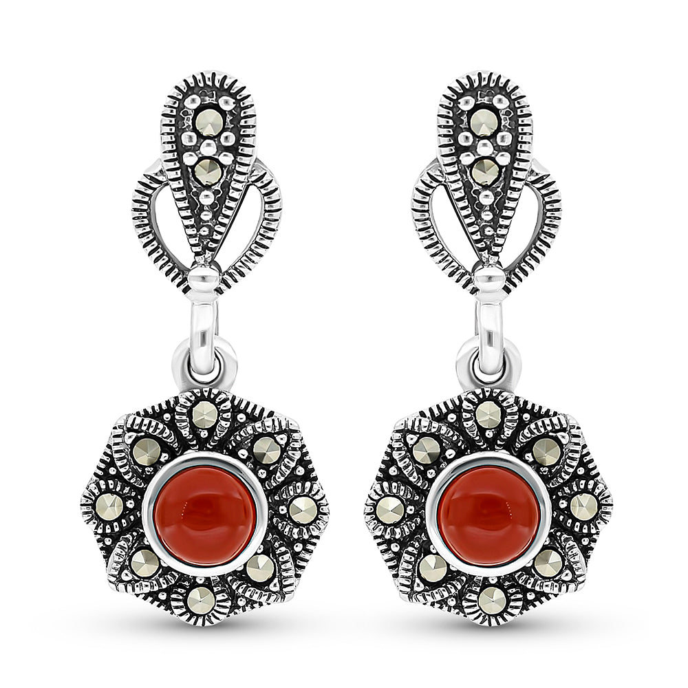 Sterling Silver 925 Earring Embedded With Natural Aqiq And Marcasite Stones