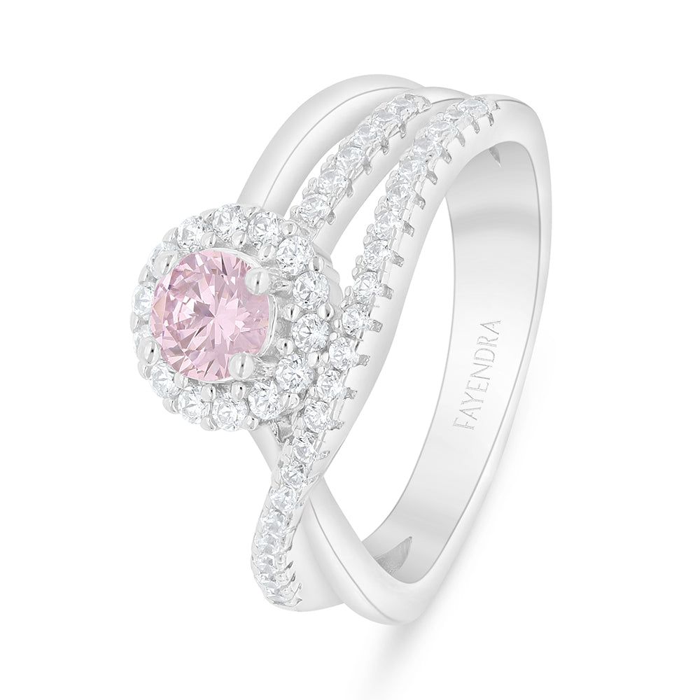 Sterling Silver 925 Ring Rhodium Plated Embedded With Pink Zircon And White Zircon