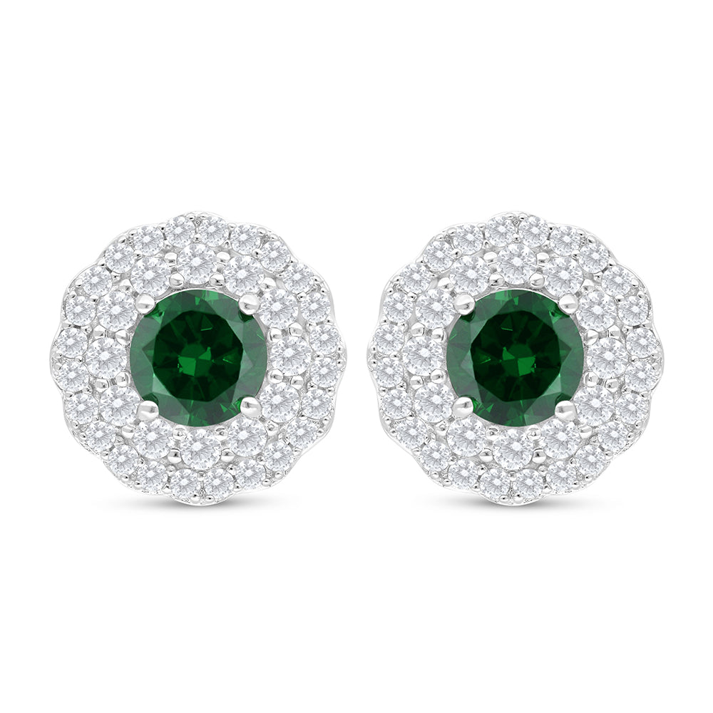 Sterling Silver 925 Earring Rhodium Plated Embedded With Emerald Zircon And White Zircon