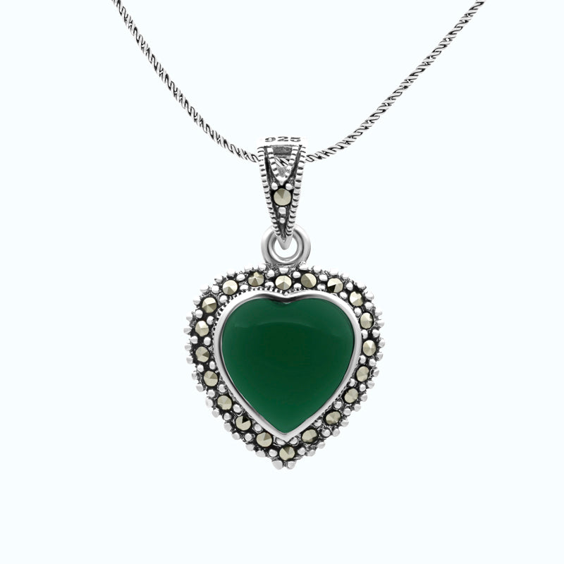 Sterling Silver 925 Pendant Embedded With Natural Green Agate And Marcasite Stones