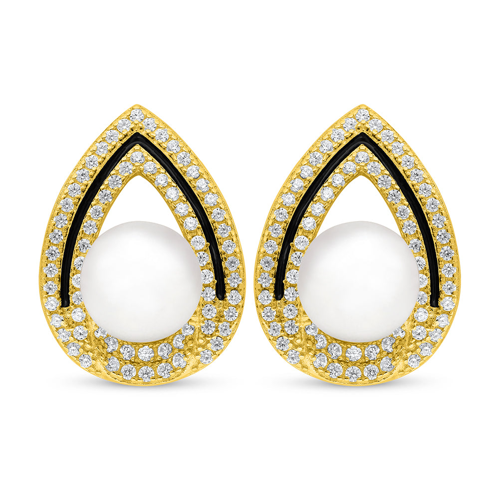 Sterling Silver 925 Earring Golden Plated Embedded With Natural White Pearl And White Zircon