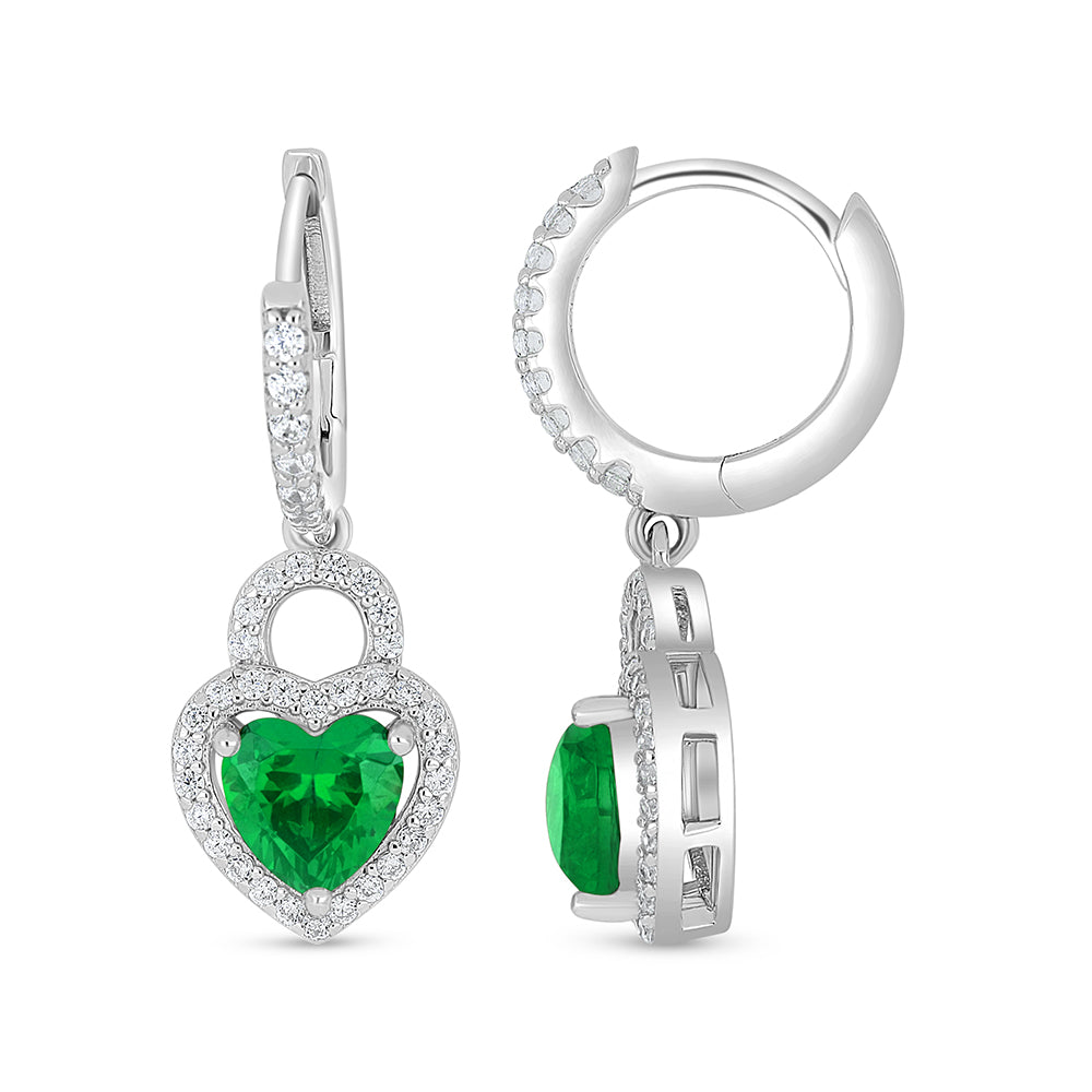 Sterling Silver 925 Earring Rhodium Plated Embedded With Emerald Zircon And White Zircon