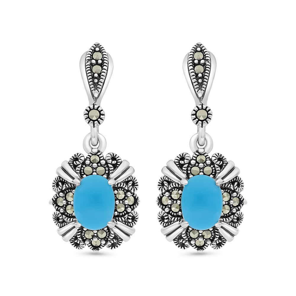 Sterling Silver 925 Earring Embedded With Natural Processed Turquoise And Marcasite Stones