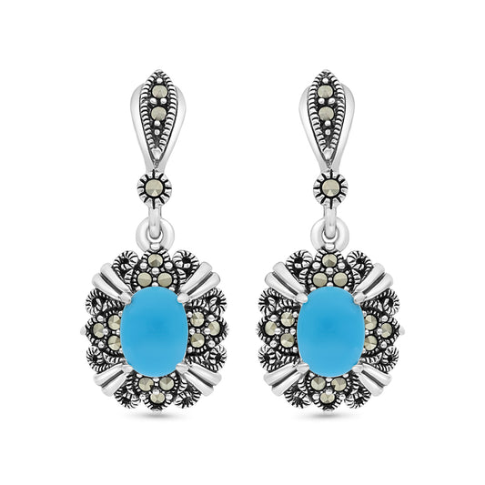 Sterling Silver 925 Earring Embedded With Natural Processed Turquoise And Marcasite Stones