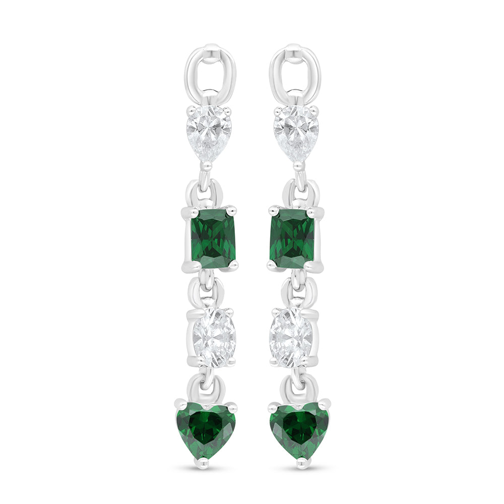 Sterling Silver 925 Earring Rhodium Plated Embedded With Emerald Zircon And White Zircon
