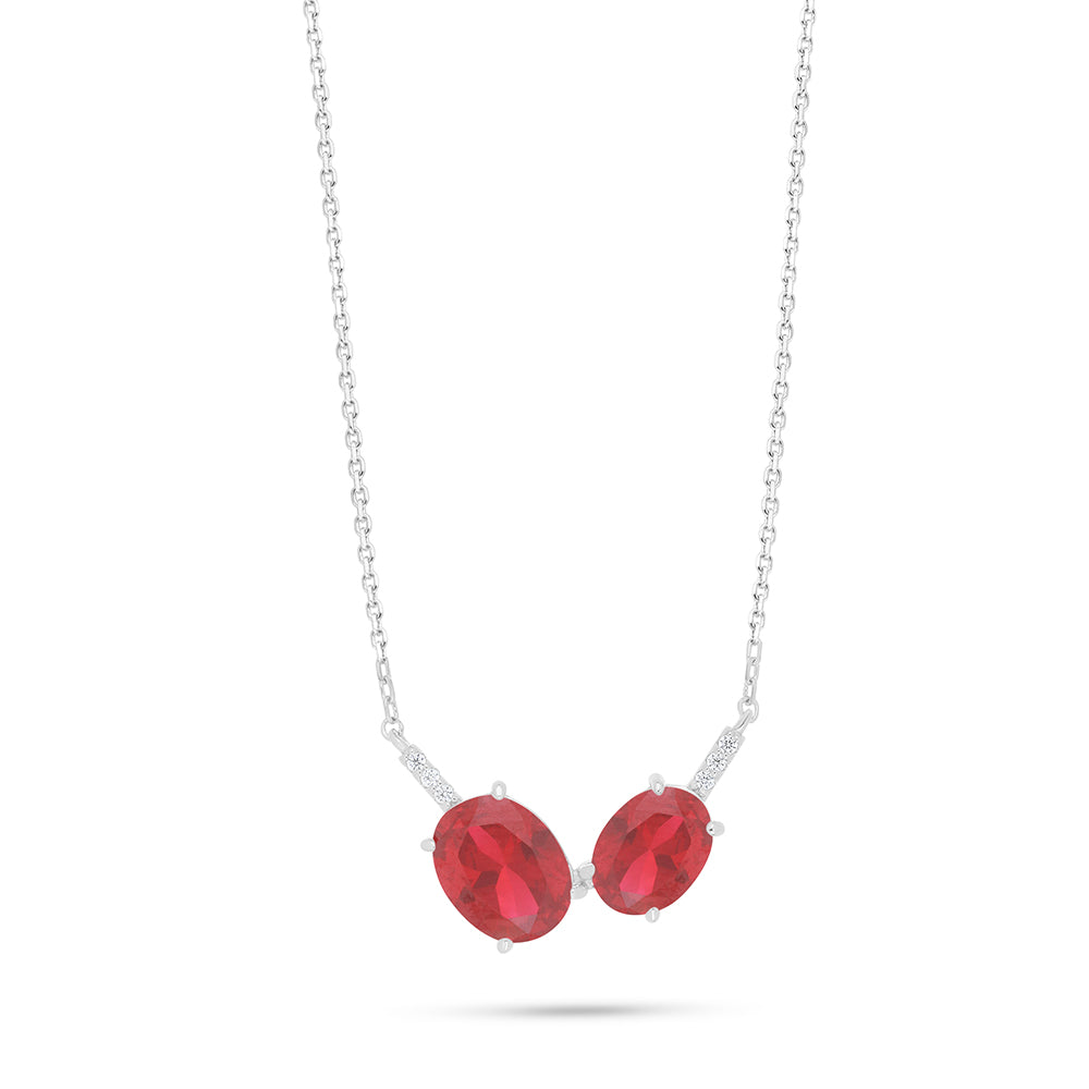 Sterling Silver 925 Necklace Rhodium Plated Embedded With Ruby Corundum And White Zircon