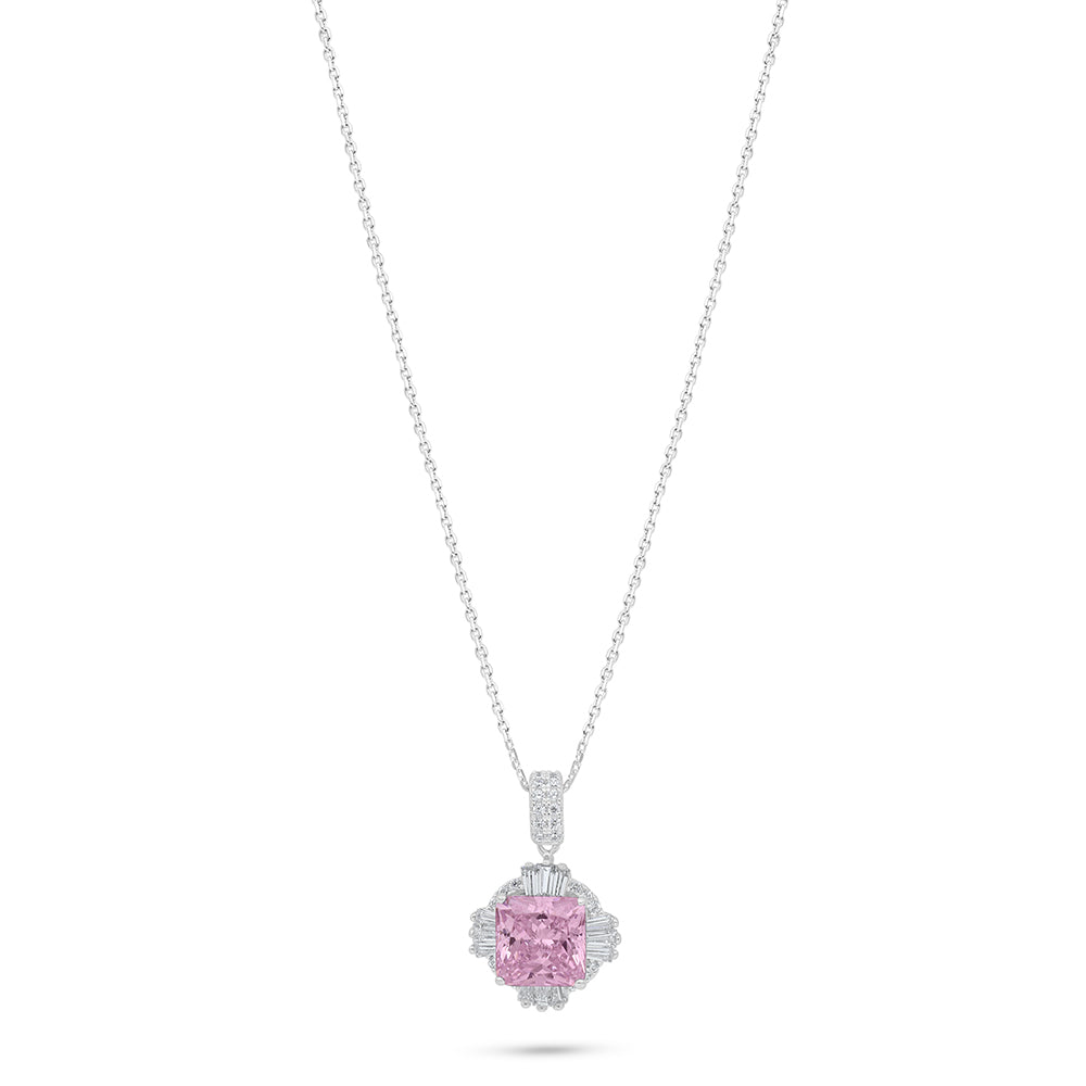 Sterling Silver 925 Necklace Rhodium Plated Embedded With Pink Zircon And White Zircon