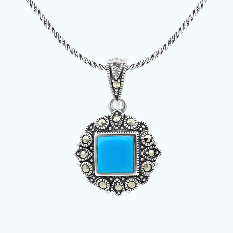 Sterling Silver 925 Pendant Embedded With Natural Processed Turquoise And Marcasite Stones