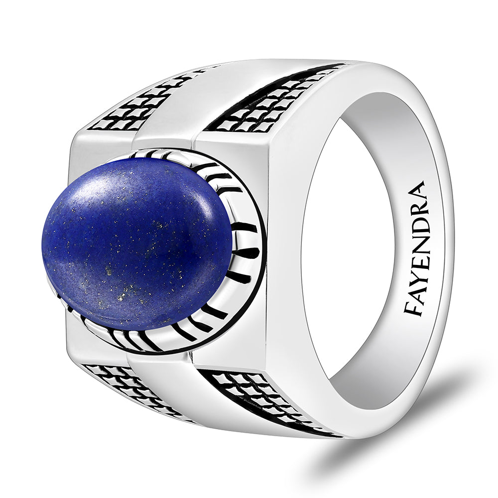 Sterling Silver 925 Ring Rhodium And Black Plated Embedded With Lapis Cabochon For Men
